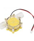 Compact Mini Micro Hydro Water Flow Generator, clear and yellow, with wiring for electricity conversion in DIY projects.