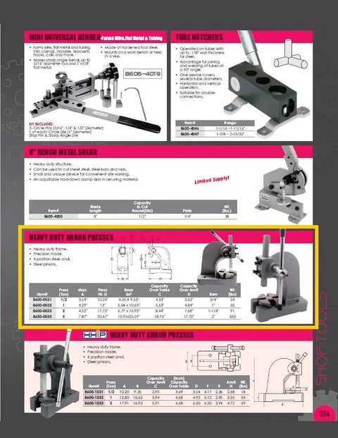 Diagram and images of 2-Ton Heavy-Duty Arbor Press With Cast Iron Frame, 4-Position Steel Anvil, showing specifications.