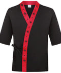 Fresh Black Unisex Three Quarter Sleeve Sushi Chef Coat Made With Super Soft Lightweight Fabric with red accents and kimono style.