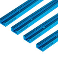 4 Pack 24 Inch Double Cut Universal T Track With Predrilled Mounting Holes For Woodworking Jigs And Fixtures On Drill Press Tables Router Tables And Workbenches Pro Grade Aluminum Build For Lightweight Strength And Easy Setup, blue anodized aluminum tracks on white background.