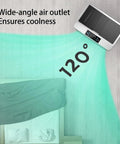Keep It Crisp Top Tier Portable Evaporative Air Cooler Tower With 19 Gallon Water Tank And Smart Remote projecting 120° airflow over a bed.