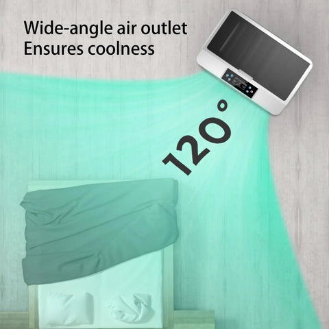 Keep It Crisp Top Tier Portable Evaporative Air Cooler Tower With 19 Gallon Water Tank And Smart Remote projecting 120° airflow over a bed.
