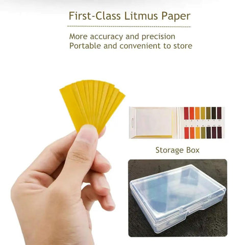 Hand holding strips and a case, "Three Pack PH 1-14 Test Paper Strips With Storage Case, 240 Strips For Saliva Urine Water Soil And Pet Food"