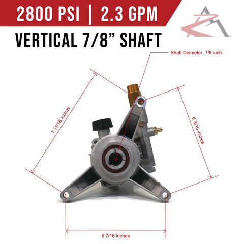 Heavy Duty Pressure Washer Water Pump For Excell VR2500 VR2522 VR2530 And Troy-Bilt 020486, front view, dimensions marked, red text.