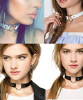 Genuine PU Leather Love Heart Choker Necklace For Men Women with adjustable black and white styles worn by models.