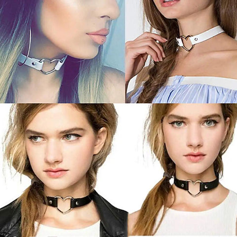 Genuine PU Leather Love Heart Choker Necklace For Men Women with adjustable black and white styles worn by models.