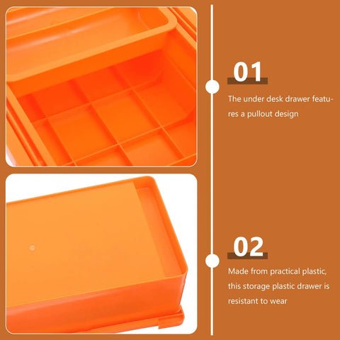Close-up of orange plastic Desk Storage Drawer Box with Three Tier Compartments showing pullout design and material