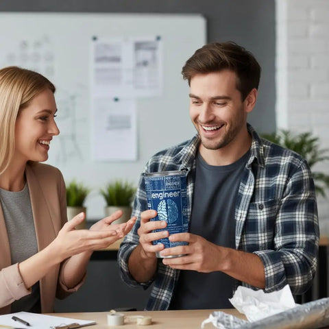 Man receiving 20 Oz Engineer Tumbler With Stainless Steel Insulated Cup For Engineers And Gearheads as a gift.