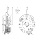 FPBIGCHA electromagnetic brake for motors; metal housing with shaft (side view) and circular flange (front view).