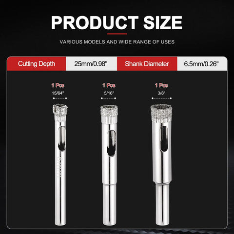 Pro Grade Diamond Hole Saw Set For Tile And Stone Hassle Free Drilling, three sizes shown with 6.5mm shank diameter.