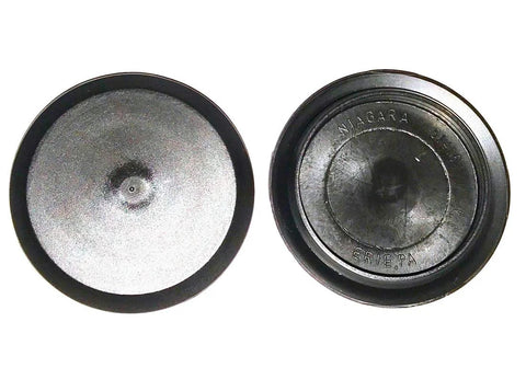 Front and back view of Hole Size Two And A Half Inch Flush Mount Hole Plug In Black Plastic Body For Sheet Metal With A Three Inch Head Diameter Pack Of Five