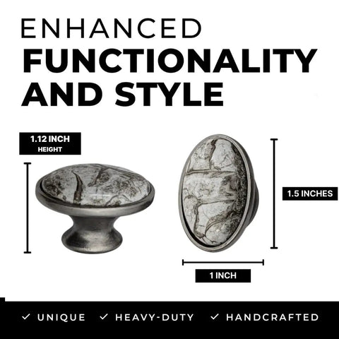 Solid Set Of Twenty Antique Silver And Gray Marble Oval Ceramic Cabinet Knobs Serving Dope Vintage Vibes That Will Level Up Your Kitchen Bedroom Or Bathroom Vanities Today, 1.12 inch height and 1.5 inch diameter.