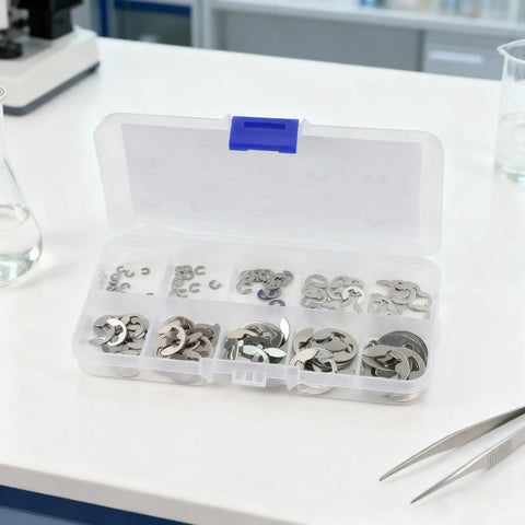 120 Piece E Clip Circlip Assortment Kit With 304 Stainless Steel Retaining Rings, organized in a plastic case on a table.