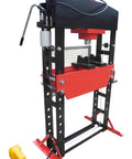 Heavy Hitting 75 Ton Air Hydraulic Shop Press With Precise Pressure Gauge, showcasing adjustable height and powerful design.