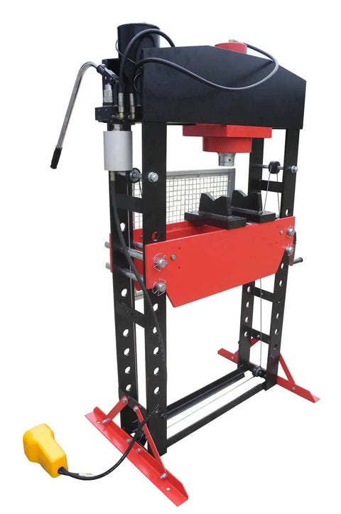 Heavy Hitting 75 Ton Air Hydraulic Shop Press With Precise Pressure Gauge, showcasing adjustable height and powerful design.