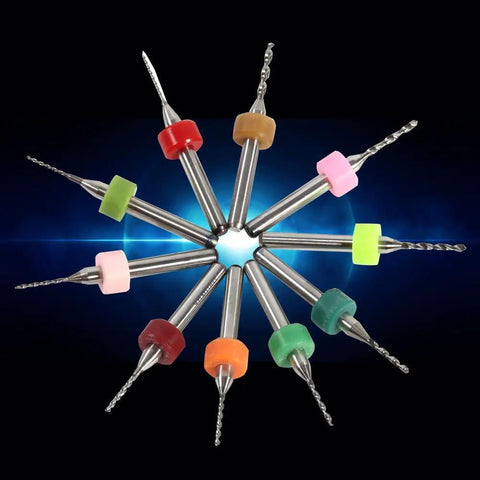 Ten Piece Set Of 0.6 To 1.5mm Pro Grade Carbide Drill Bits arranged in a star shape, colored holders, for PCB CNC Milling and Circuit Board Drilling