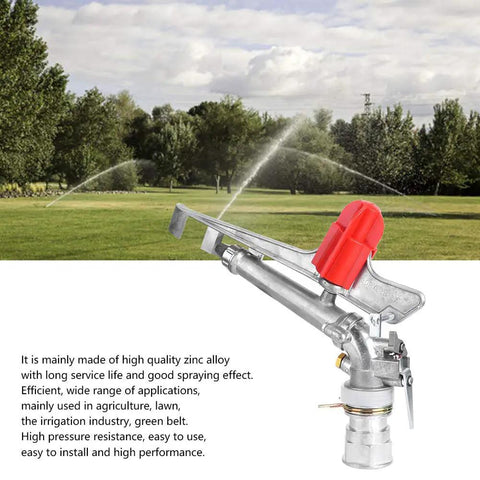 All Season Farm Irrigation Sprinkler With Adjustable Impact Spray Gun And Nozzle Set For Big Backyards featuring tough zinc build and red nozzle.