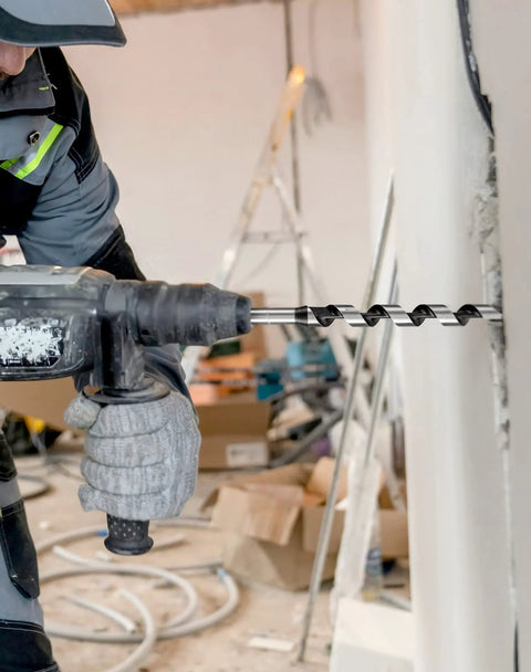 QWORK wood auger drill bit, 1/2 in dia, 16 in long, 3/8 in hex shank, mounted in cordless drill.