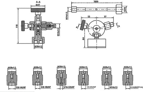 Technical diagram of Hydraulic Nitrogen Pressure Test Set And Accumulator Charging Kit with dimensions and 7 couplings.