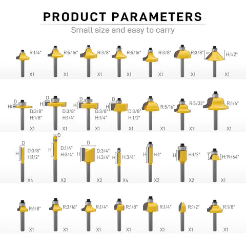 Diagram of 100 Pack Router Bit Set With 1 Quarter Inch Shank, Carbide Router Bits For Pro Level Woodworking, bit sizes labeled