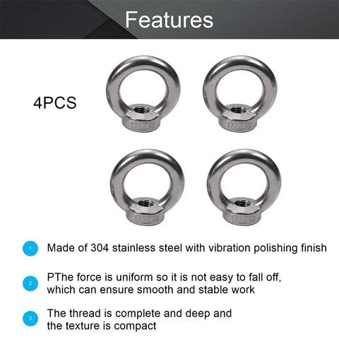 Heavy Duty Lifting Eye Nuts Kit M12 Stainless Steel 304 Ring Shape Fasteners 4 Pack Female Threaded Eye Nut For Rope Fittings