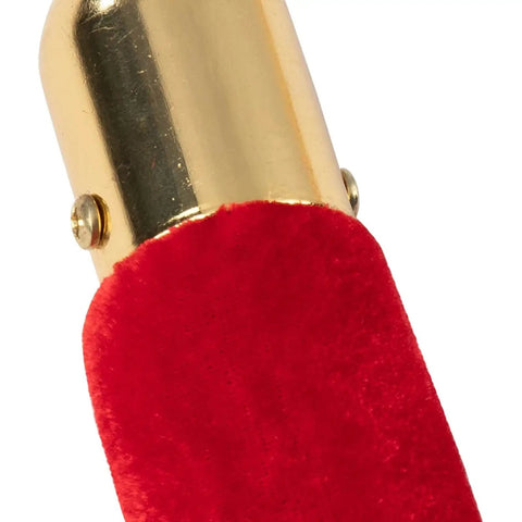 Close-up of red velvet stanchion rope with gold fitting, part of Red Velvet Stanchion Rope Set With Gold Stanchions For Elegant Crowd Control Plush Barrier Ropes For Home Theater And Party Decor Two Rope Set Each 5 Feet Seamless Line Dividers And Venue Vibe.