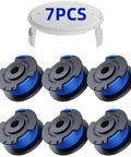 Autofeed Weed Wacker String Replacement For Cordless Trimmers 0.065 Inch Refills 99 Feet Per Spool 6 Spools With Cap Compatible With 18V 24V 40V Trimmers For Quick Yard Cleanup shown with blue spools and cap