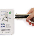 Heavy Duty Handheld Workhorse Single Hole Punch With 1/8 Inch Punch And 2 Inch Reach held next to packaging
