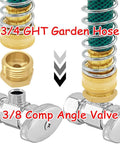 Brass two-pack water line adapters: 3/4 GHT male to 3/8 inch compression female reducers with rubber washer.