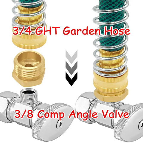 Brass two-pack water line adapters: 3/4 GHT male to 3/8 inch compression female reducers with rubber washer.