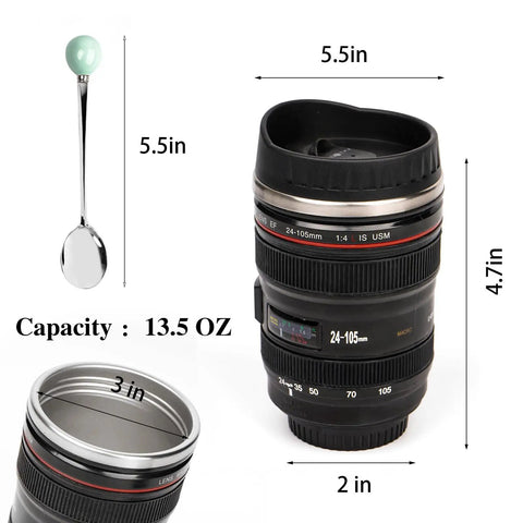 Camera Lens Coffee Mug Travel Cup Stainless Steel Lens Mug Thermos With Lid And Spoon Two Lids Leakproof Design Dope Gift