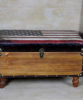 Vintage Wood Storage Ottoman Industrial Upholstered Footstool Entryway Shoe Bench Double Door Cube Trunk with American flag design.