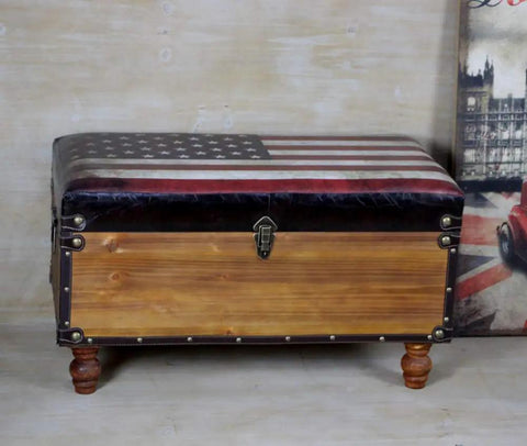 Vintage Wood Storage Ottoman Industrial Upholstered Footstool Entryway Shoe Bench Double Door Cube Trunk with American flag design.