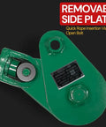 Close-up of Heavy Duty Snatch Block With Hook For Rollback Recovery showing green removable side plate and metal components