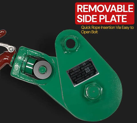 Close-up of Heavy Duty Snatch Block With Hook For Rollback Recovery showing green removable side plate and metal components
