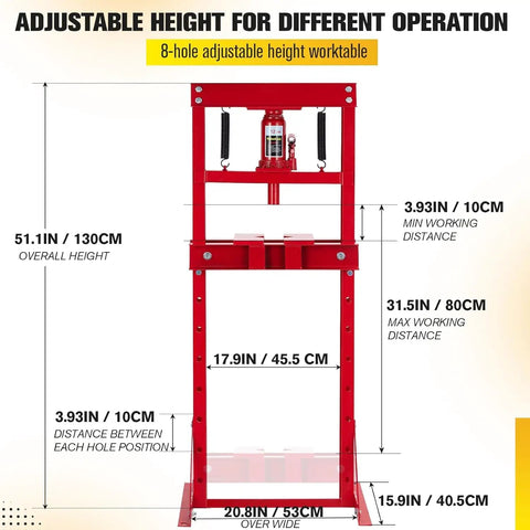 Heavy Duty 12 Ton H Frame Hydraulic Shop Press With Adjustable Table And Movable Plates For Auto Repair Bearing Removal Metal Stamping Garage Bad Boy Built Legit To Crush Heavy Loads with adjustable height worktable