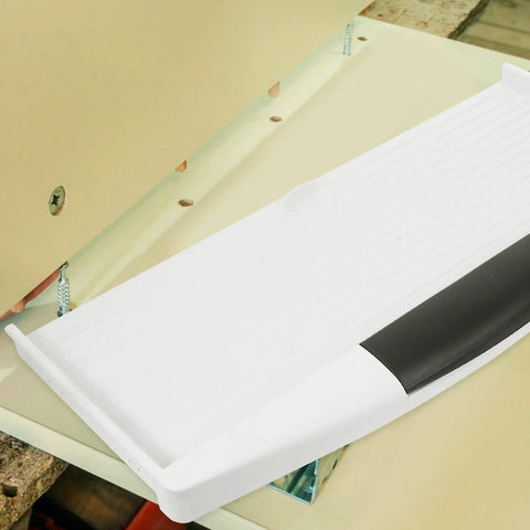 Heavy Duty Sliding Keyboard Tray With Built In Pen Slot And Slick Silver Glide Rails For No Sweat Under Desk Organization and Your Best Ever Office Setup Upgrade, white tray installed under desk.