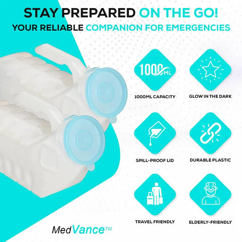 Glow In The Dark 1000ml Male Urinal Bottle With Spill Proof Pop Cap Lid, Portable Pee Container For Car, Elderly And Incontinence Care, 4 Pack