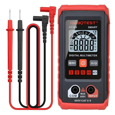 Your Go To Digital Multimeter With LED Backlight Non Contact Voltage Detection Auto Range Shifting And High Precision DC And AC Voltage Current And Resistance Measurements For DIY And Pro Projects showing front view with probes