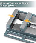 Tough As Nails Six Inch Milling Vise Heavy Duty Cast Iron Bench Clamp Precision Guiding Bar showcasing widened jaw for strong clamping.