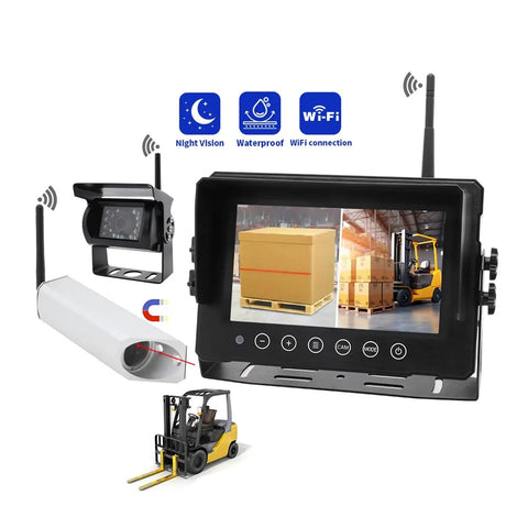 Badass Heavy Duty Wireless Forklift Camera System Featuring Magnetic Battery Power And Precision Laser Guide Slick 7 Inch Split Screen Monitor Rear View Backup Cam For Warehouse Lift Trucks