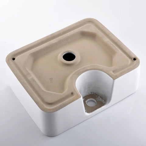 Underside view of White Rectangle Ceramic Vessel Sink With Faucet And Pop Up Drain Vanity Bathroom Basin Combo Set In Modern Style