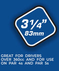 ProLength Plus Golf Tees 3 1/4 Inch, 75 Count Bag, blue background with tee size and use for 360cc drivers and par 4s, 5s