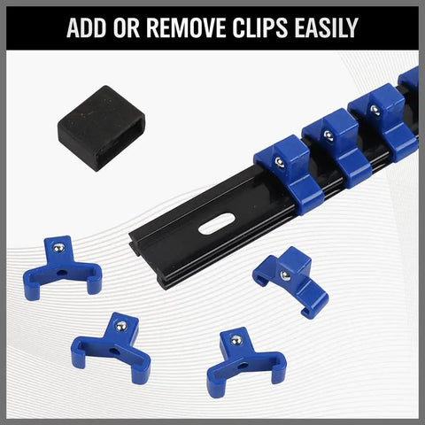 Heavy Duty Socket Rail Organizer Set Nine Piece Kit with removable blue clips and black rail in detail.
