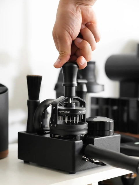 Kill Stubborn Espresso Ground Clumps Fast With This Dope 58mm Planetary Wdt Tool and Adjustable Needle Distributor in use.
