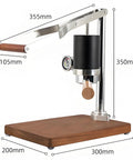 Badass Stainless Steel Manual Lever Espresso Maker With Integrated Pressure Gauge, showcasing dimensions and details for espresso preparation.