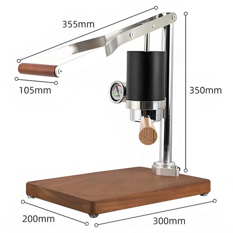 Badass Stainless Steel Manual Lever Espresso Maker With Integrated Pressure Gauge, showcasing dimensions and details for espresso preparation.