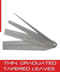 Taper Gauge With Spring Tempered Steel For Fast Hole And Slot Sizing One Sixteenth To One And One Sixteenth Inch Range One Sixty Fourth Inch Graduation Five And A Quarter Inch Length Four Leaves Precision Measurement Tool open with engraved measurements.