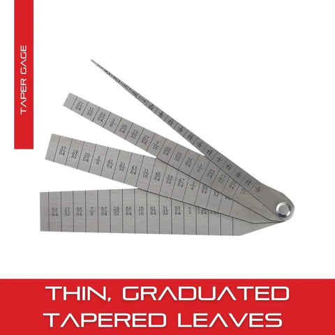 Taper Gauge With Spring Tempered Steel For Fast Hole And Slot Sizing One Sixteenth To One And One Sixteenth Inch Range One Sixty Fourth Inch Graduation Five And A Quarter Inch Length Four Leaves Precision Measurement Tool open with engraved measurements.