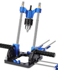 All Metal Adjustable Drill Guide With Multi Angle Capability From Zero To Sixty Degrees For Straight Holes, Drill Press Adapter For Hand Drills, Includes One Half Inch Chuck, Key, Guide Rod, Precision Drilling Jig In Durable Blue, front view
